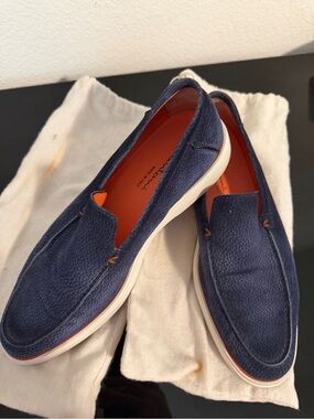 Santoni Navy Blue Textured Slip-On Loafers with White Sole